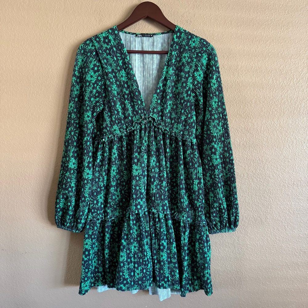Zara Green and Dark Blue Long Sleeve Mini Dress Size Medium